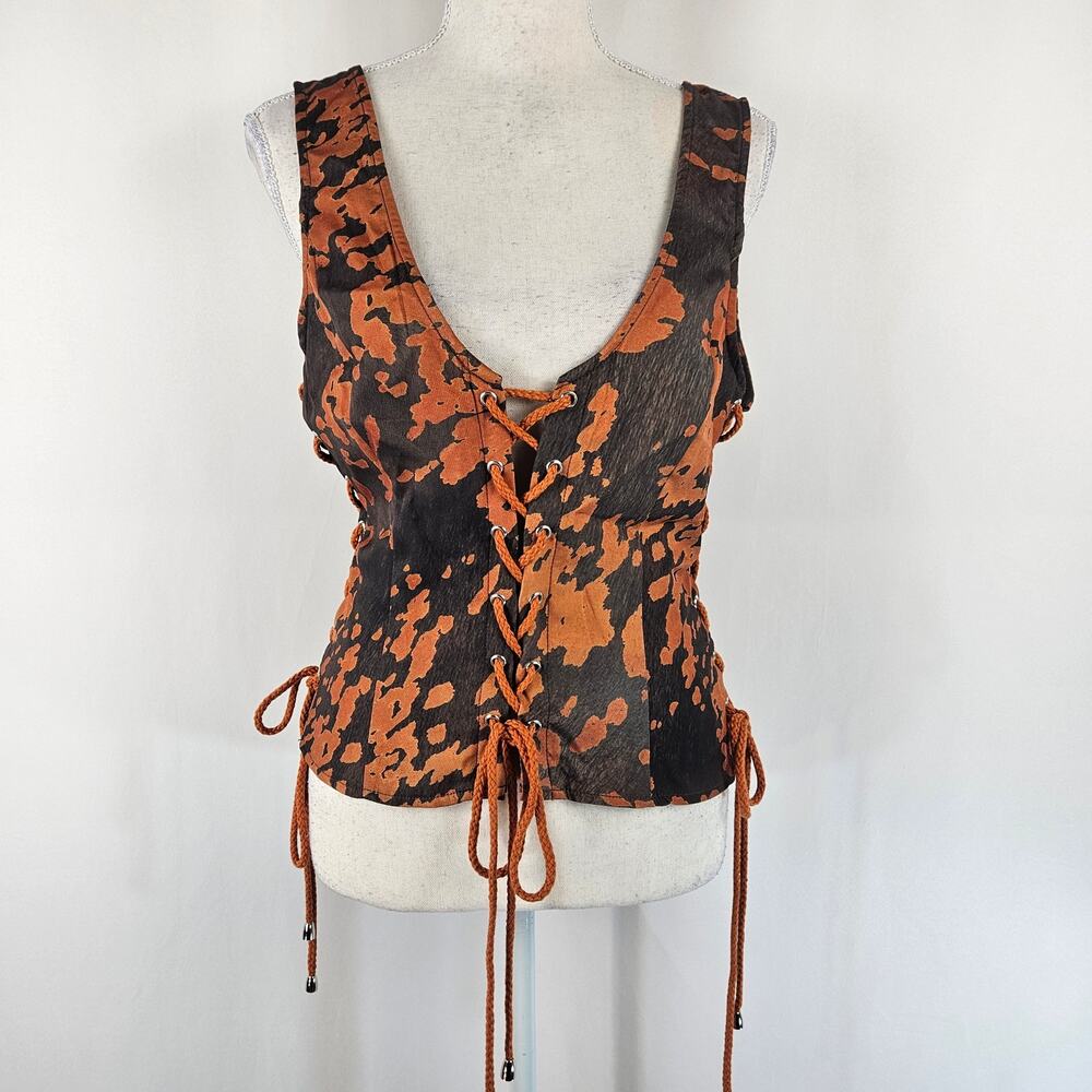 PrettyLittleThing Brown Black Cow Print Woven Scoop Neck Lace Up Cropped Top 12 - Picture 3 of 16